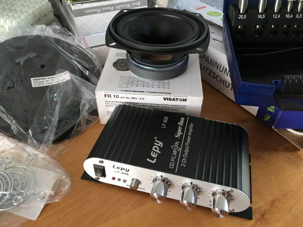Audio Setup with speaker (Visaton FR 10 4 Zoll), grille (Visaton 10 RS) and stereo amp (LEPY LP-V3S-BLACK LP-V3S) of my virtual pinball cabinet