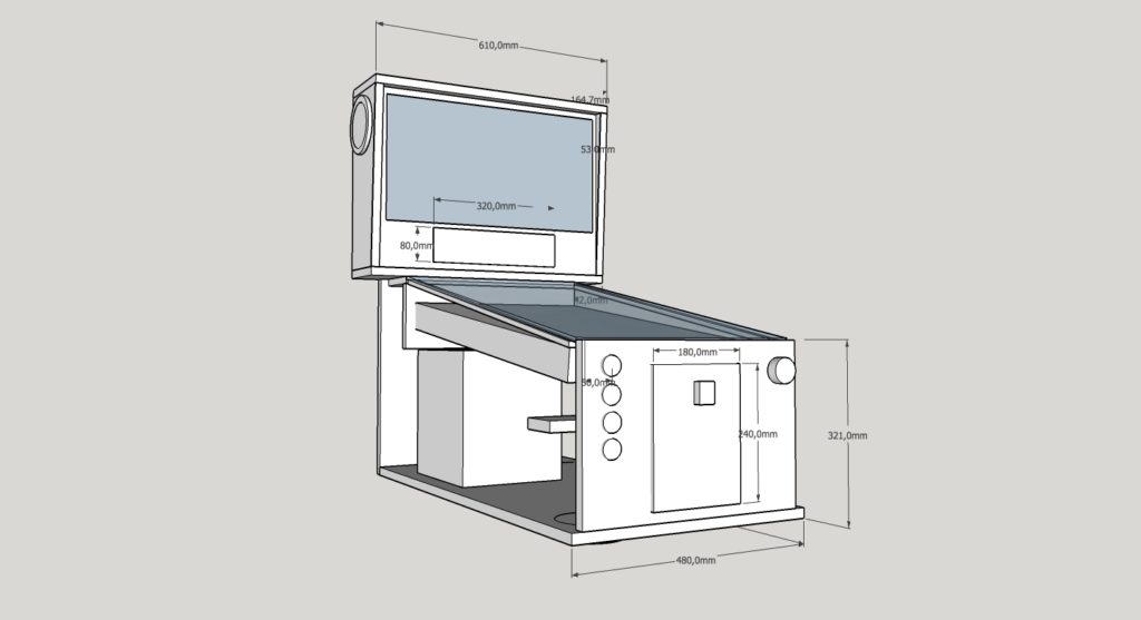 CAD drawing of my Mid-Size Virtual Pinball in Sketchup 3D. Two Monitors with Playfield 31′, Backbox 19′.