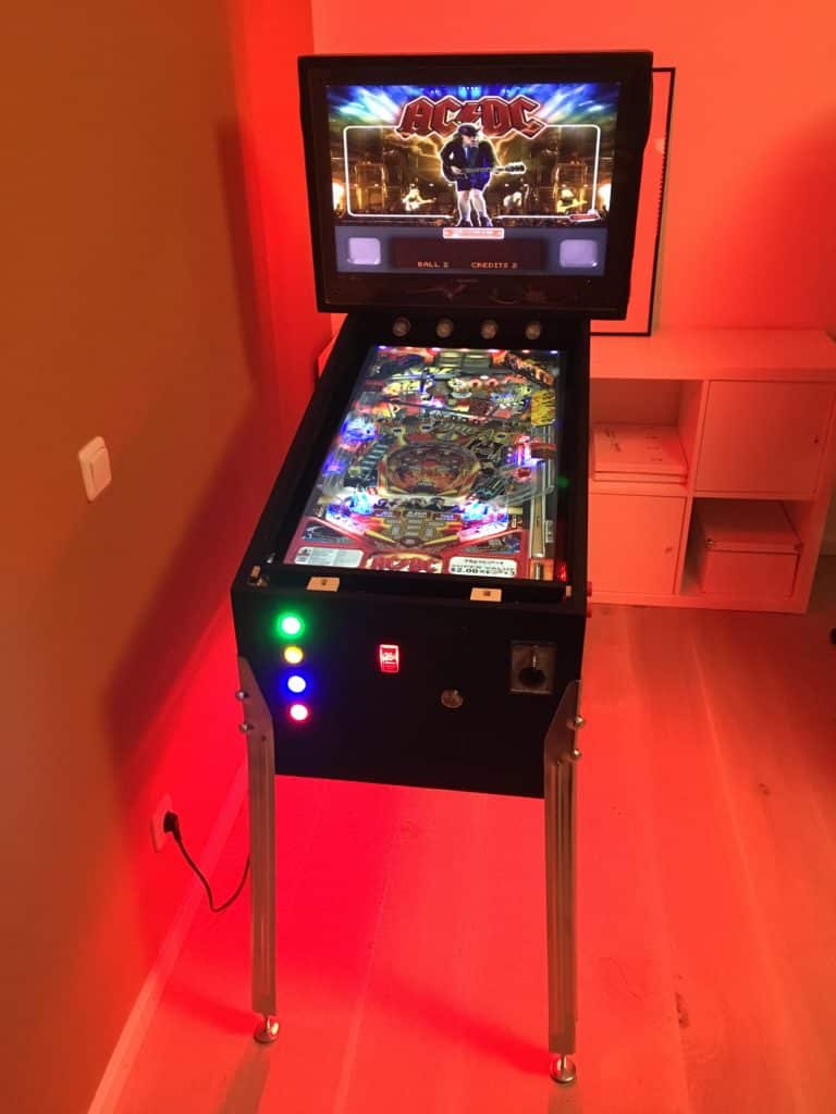 Virtual Pinball Cabinet with red ambient lighting with addressable RGB LED stripes. Table: AC/DC under Visual Pinball X